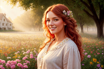 Naklejka premium portrait of a beautiful girl posing in nature, a bright sunny day in the forest, a glade with wild flowers