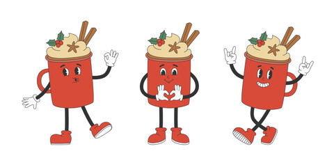 Set of cute hot chocolate cup characters in groovy style. Cartoon characters in trendy retro style for Christmas design. Isolated vector illustration 
