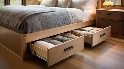 Under - Bed Storage closeup. Modern bed with drawers for cloths, linens and seasonal items. Comfortable bed with storage system.  - obrazy, fototapety, plakaty