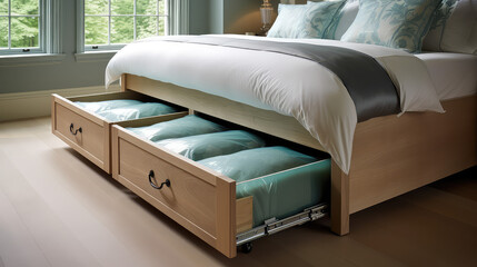 Under - Bed Storage closeup. Modern bed with drawers for cloths, linens and seasonal items. Comfortable bed with storage system. 