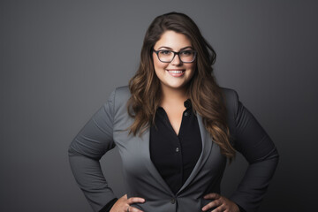 Fototapeta premium Portrait of smiling oversized female manager in business suit on gray background.
