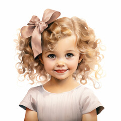 cute little girl with light curly hair and a pink bow smiles sweetly on a white background,