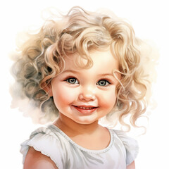 cute little girl with light curly hair smiling sweetly on a white background, - obrazy, fototapety, plakaty