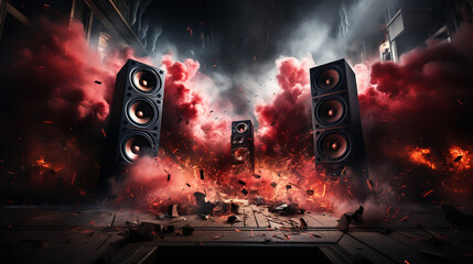 Abstract concept of powerful audio speakers blast out a cloud of color powder - obrazy, fototapety, plakaty
