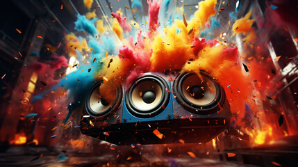 Abstract concept of powerful audio speakers blast out a cloud of color powder - obrazy, fototapety, plakaty