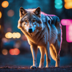 weiß, schwarzer Wolf mit neon Lichtern