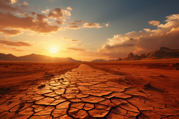 A searing sun casting long shadows across a scorching desert landscape. Concept of intense heat. Generative Ai.
