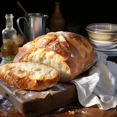 Schilderijen op glas fresh baked bread on the wooden table © Daniel