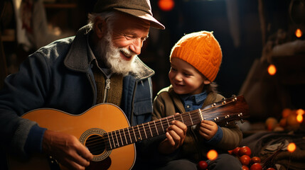 Fototapeta na wymiar Grandfather is playing guitar with his grandson.