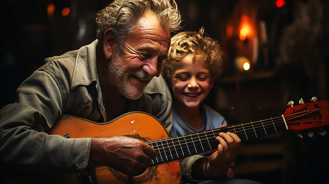 Grandfather is playing guitar with his grandson.