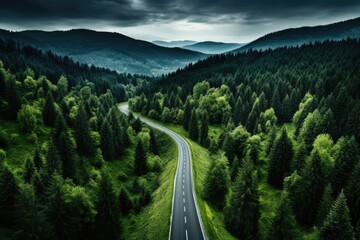 Aerial top view, mountaint road in dark green forest, - obrazy, fototapety, plakaty