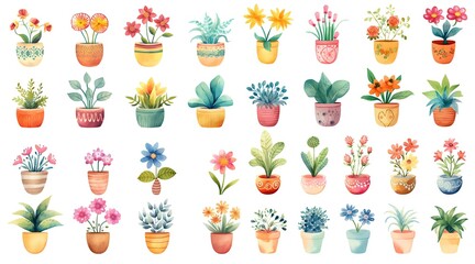 watercolor style cartoon illustration of cute flower pots blossoming in many type of flower and many pot paint pattern, isolated on white background, collection set, Generative Ai