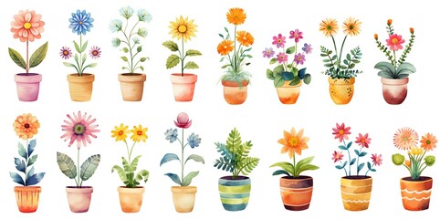 watercolor style cartoon illustration of cute flower pots blossoming in many type of flower and many pot paint pattern, isolated on white background, collection set, Generative Ai - obrazy, fototapety, plakaty
