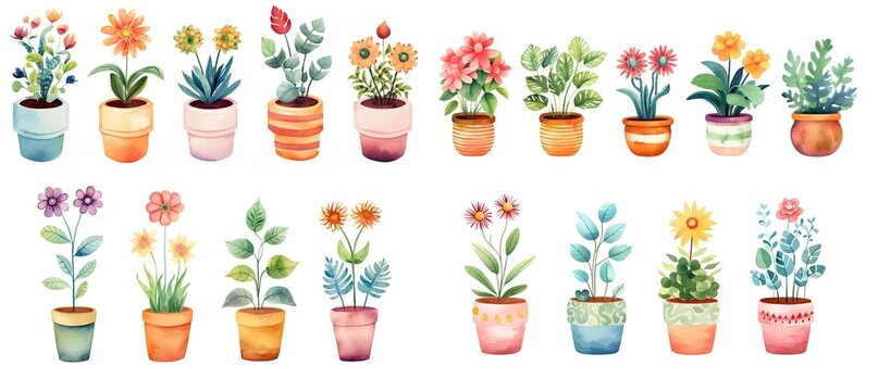 watercolor style cartoon illustration of cute flower pots blossoming in many type of flower and many pot paint pattern, isolated on white background, collection set, Generative Ai © QuietWord