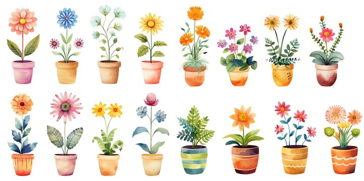 watercolor style cartoon illustration of cute flower pots blossoming in many type of flower and many pot paint pattern, isolated on white background, collection set, Generative Ai