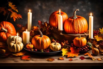 Thanksgiving table setting with pumpkins and candles. Autumn home decoration