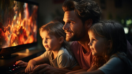 happy father and son in front of TV