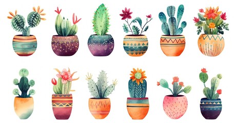 watercolor style cartoon illustration of cute flower pots blossoming in many type of flower and many pot paint pattern, isolated on white background, collection set, Generative Ai - obrazy, fototapety, plakaty