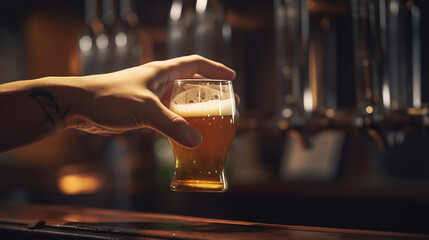 Fototapeta na wymiar Glass of light beer on a dark pub.