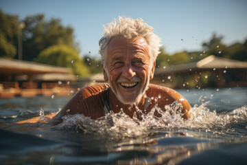 A senior citizen enjoying a gentle swim in a warm pool, promoting fitness at any age. Concept of lifelong health. Generative Ai.