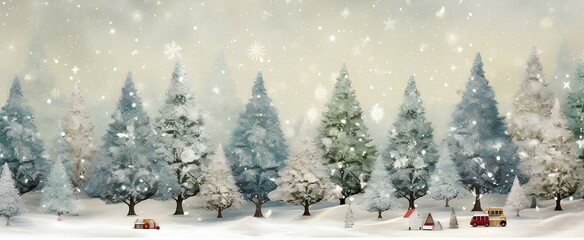 Vintage postcard-style background showcasing a nostalgic snow-covered fir tree scene with hand-painted Christmas toys. Wide space available for messages or logos. generative AI