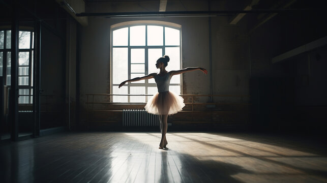 Group of young ballerinas performing a choreographed ballet as they trn togethe.