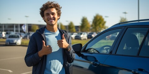 License to Drive: Young Man Celebrates Getting His Drivers License with a Thumbs-Up Next to His Car - obrazy, fototapety, plakaty