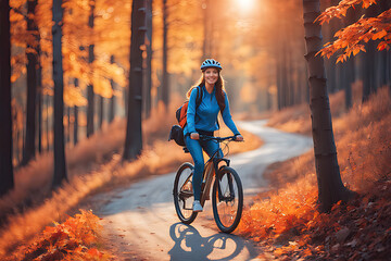 smiling woman riding a bicycle in the forest in autumn at sunset 