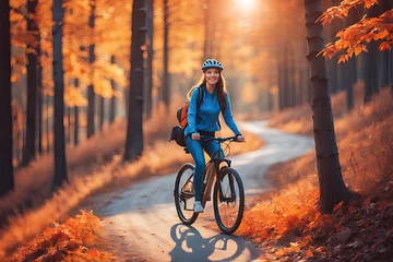 Foto op Canvas smiling woman riding a bicycle in the forest in autumn at sunset, lifestyle concept, generative ai © João Macedo