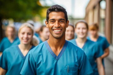 Happy Indian male doctor leading a smiling team in hospital scrubs.