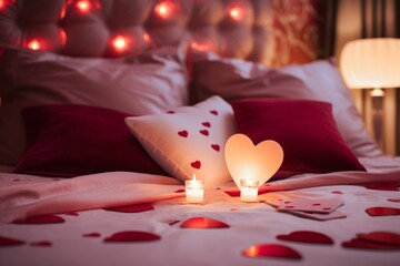 Romantic bed with pillows, rose petals and a candle. Valentine's Day. - obrazy, fototapety, plakaty