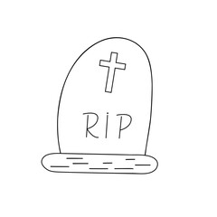 Old grave tombstone with rip letters simple outline hand drawn vector illustration, Halloween holiday traditional festive symbol design element