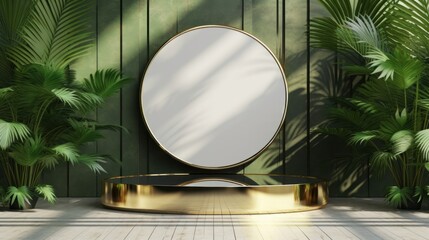 A 3D-rendered polished golden podium with a mirror-like reeded glass shower screen, featuring a background of lush tropical banana leaves under natural sunlight