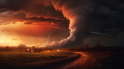 This mixed media illustration captures the intense drama of a storm during sunset, featuring a powerful tornado wreaking havoc in the countryside, accompanied by sheet lightning. It combines various