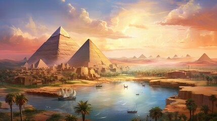 A magnificent Egyptian scene beautifully captured with a watercolor painting style