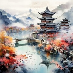 Spectacular Chinese landscape captured in the style of a watercolor painting