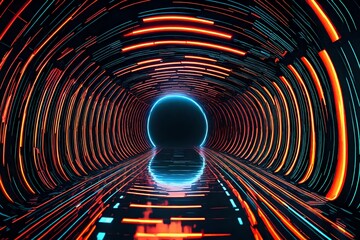 Abstract flight in retro neon hyper warp space in the tunnel 3d illustrati