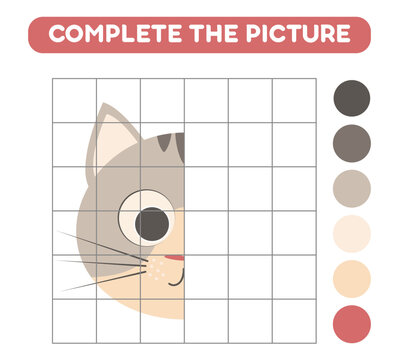 Complete the picture of cute cartoon cat. Educational worksheets for kids.