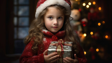 A little girl holds a gift box with a Christmas or New Year's gift.