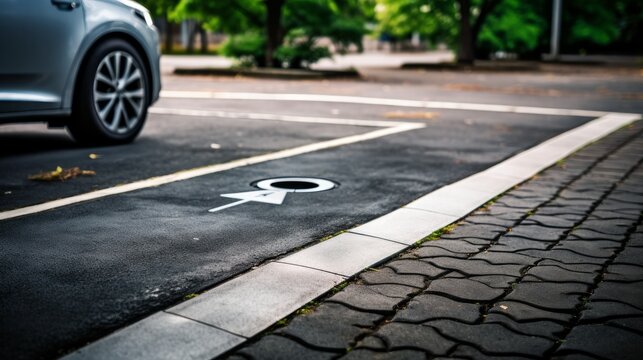 A sign on the asphalt in a public area indicating the location of an electric vehicle charging station, with clearly marked parking spaces and road markings indicating