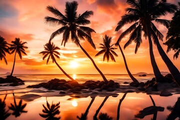 Fototapeta na wymiar Gorgeous tropical sunset over beach with palm tree silhouettes Perfect for summer travel and vacation
