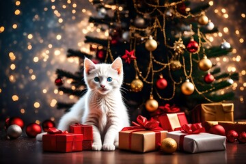 cat and christmas tree - obrazy, fototapety, plakaty
