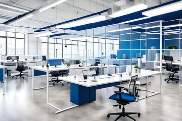 Fototapeta na wymiar Modern white and blue open space office interior