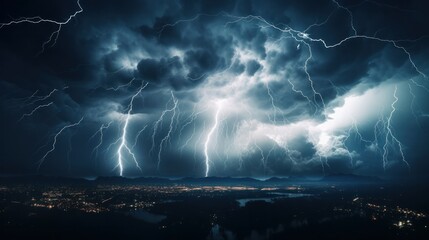 A flash of lightning illuminating the night sky during a thunderstorm, symbolizing various weather phenomena and natural cataclysms such as hurricanes, typhoons, tornadoes, and storms - obrazy, fototapety, plakaty