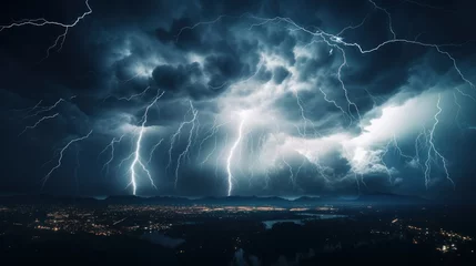 Fotobehang A flash of lightning illuminating the night sky during a thunderstorm, symbolizing various weather phenomena and natural cataclysms such as hurricanes, typhoons, tornadoes, and storms © Chingiz