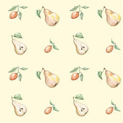 Seamless pattern with watercolor pears and kumquat 
