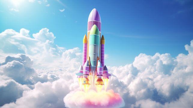 A colorful rocket is flying through the clouds