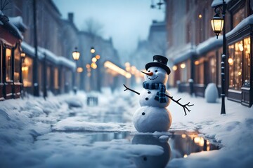 Happy snowman standing in winter christmas town street  