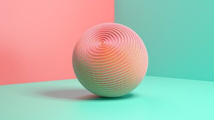A 3D textured round object with pink and green elements set against a light blue background