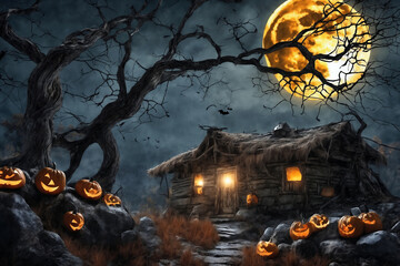Fototapeta na wymiar halloween night, old house in mystical forest, around pumpkins, flying bats on big full moon background, scary and fabulous, dark magic
